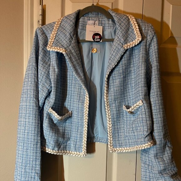 Woman's Sugarlips Light Blue Tweed Jacket Classic Cropped Blazer Large - Picture 1 of 3